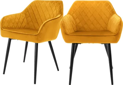 Produktbild von ML-Design 2er Set Esszimmerstühle mit Armlehne und Rückenlehne, Senfgelb, Küchenstuhl mit Samtbezug, Polsterstuhl mit Metallbeinen