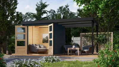 Produktbild von Karibu Gartenhaus Hybridhaus Metall Jupiter 2 im Set mit Anbaudach ca. 2,35 m breit anthrazit 438x213x208,5 cm