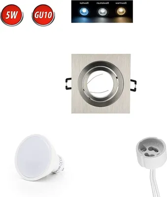 Obrázok produktu pre Zapustené bodové svietidlo GU10 Ø75-85 mm vŕtaný otvor hliník vrátane GU10 5W neutrálnej bielej 350 lumenovej LED žiarovky strieborná kartáčovaná hranatá