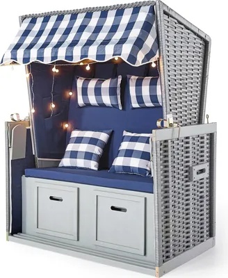 Produktbild von Strandkorb "Anker" blau, 2-Sitzer  mit maritimen Design und LED-Beleuchtung, 108x72x160cm (BxTxH)
