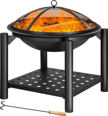 Produktbild von GARDEBRUK® Feuersschale mit Funkenschutz Abdeckung Schürhaken Rund Ø 55cm Holz Ablage Stahl Schwarz Feuerstelle Feuerkorb Garten Terrasse  Kamin Grill