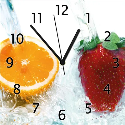Produktbild von Wallario Design Wanduhr Frische Früchte übergossen mit Wasser I aus Echtglas, Größe 30 x 30 cm