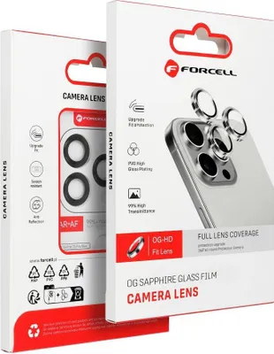 Two boxes of Forcell camera lens protectors for a smartphone.