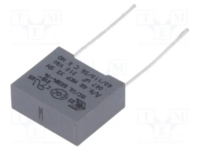 Zdjęcie produktu dla 5 kondensatorów: 47nF, wymiary 13x5x11mm, tolerancja 20%, napięcie 310VAC, oznaczenie R463F2470DQN0M