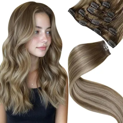 Immagine prodotto di Estensioni per capelli in clip, capelli veri, 45 cm, 5 pezzi, 70 grammi, due ciocche, colore #8/60/8