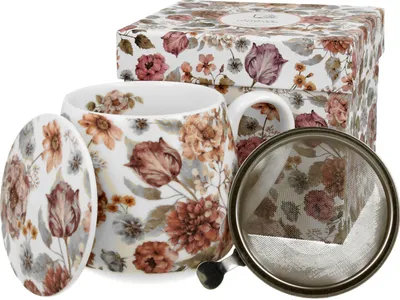 Produktbild von DUO FLORAL Fassbecher 430 ml PASTEL FLOWERS mit Teesieb, New Bone China Porzellan