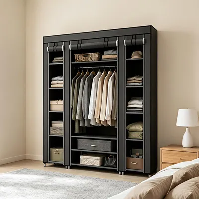 Immagine prodotto di Armadio portatile pieghevole in tessuto, dimensioni 175,26*149,86*44,96 cm, nero/grigio - Organizzatore per armadio portatile con asta appendiabiti e ripiani