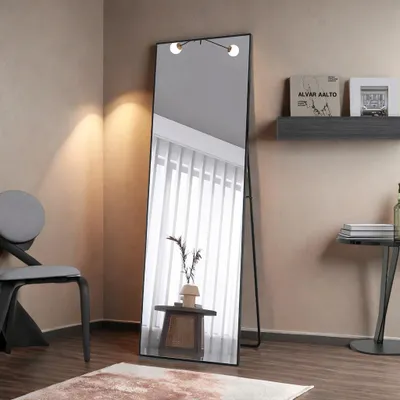Obrázok produktu pre Celotelové zrkadlo – stojacie/nástenné zrkadlo – rozmery 140 x 40 cm – voľne stojace, opierateľné alebo zavesiteľné – moderný minimalistický dizajn – čierne