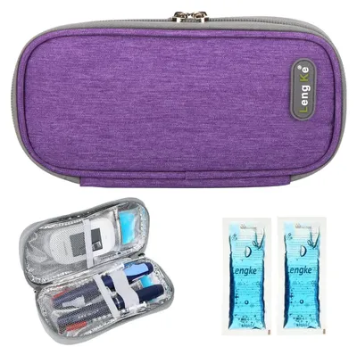 Produktbild von Insulin Kühltasche mit 2 Kühlakkus, Diabetiker Tasche für Medikamenten Etui, Violett, 27.3 x 12.3 x 4 cm