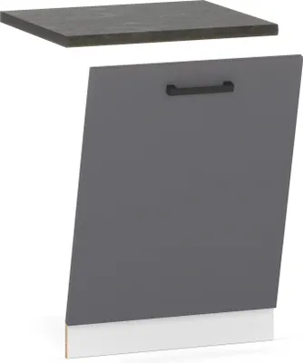 A disassembled kitchen cabinet front with a countertop and base.