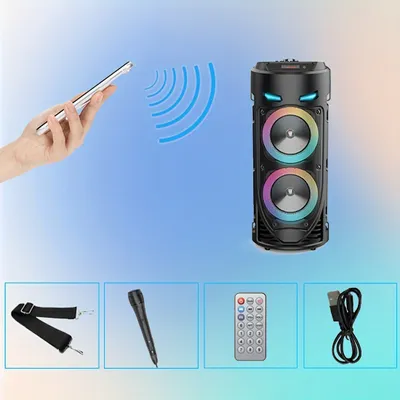 A hand holding a smartphone is shown connecting wirelessly to a Bluetooth speaker. Below, there are four smaller images displaying accessories: a strap, a microphone, a remote control, and a charging cable.