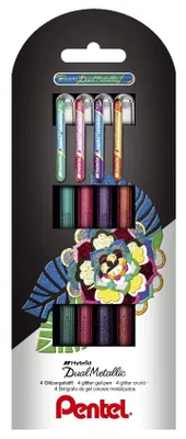 Zdjęcie produktu dla Pentel Dual Metallic, Długopis z wkładem, Wielobarwny, Zielony, Pomarańczowy, Różowy, Fioletowy, Plastik, 0,5 mm, 4 szt.