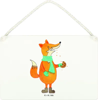 Produktbild von Mr. & Mrs. Panda Schild Fuchs Keks DIN A4 - Weiß - Geschenk, Winter, Liebe, Deko Wandbild, Holzschild, Weihnachtszeit, Kekse, Frieren, Weihnachtlich, Holz, Türschild