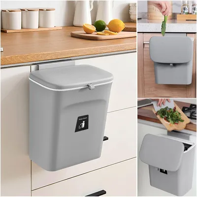 Image de Poubelle de 9 litres avec couvercle - Poubelle pour cuisine - Poubelle murale - Poubelle suspendue - Plastique - Gain de place