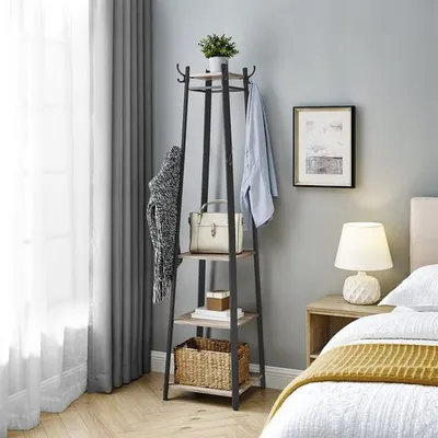 Produktbild von VASAGLE Garderobenständer mit 3 Ablagen, 8 Haken, 43x43x180 cm-080B02