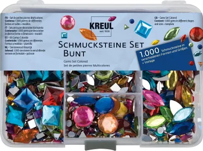 A clear, well-lit product shot of a plastic container filled with colorful craft gems.