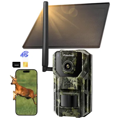 Image de Usogood 4G LTE caméra de la faune avec carte SIM solaire, 2K caméra vidéo de la faune avec téléphone portable de transmission APP, GPS, carte mémoire 64GB