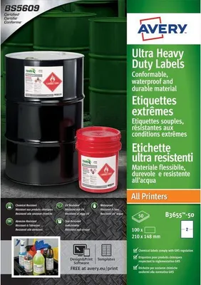 Produktbild von Avery - Etikett B3655-50 148x210mm Polyethylen weiß 100 Etiketten | 5 Stück