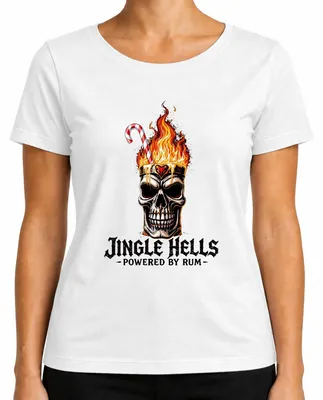 Produktbild von Jingle Hells Powered by Rum Totenkopf Flammen Weihnachten Skull Damen T-Shirt, Weiß, M