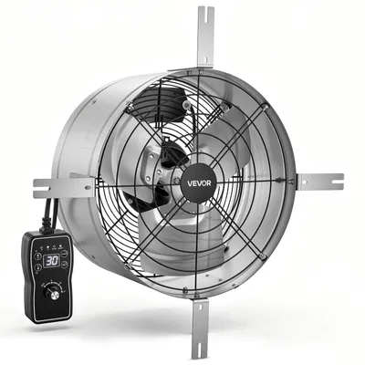 Produktbild von VEVOR Giebellüfter 38cm Dachbodenlüfter mit 2208,7m³/h Luftstrom Silber, Kühlung & Luftzirkulation für Dachboden Garage & Werkstatt, Kohlenstoffstahlgehäuse, mit Thermostat Netzkabel & Steuerkabel