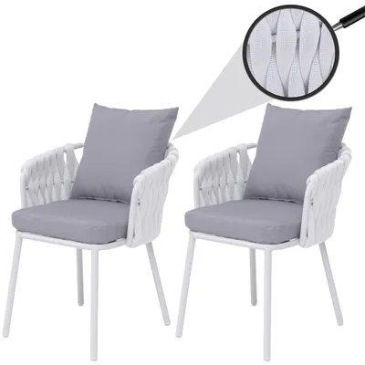 Zdjęcie produktu dla Zestaw 2 aluminiowych krzeseł ogrodowych HWC-P89, fotel ogrodowy, krzesło ogrodowe, tkanina/tekstylia (180 g/m²) plecionka linowa ~ jasnoszary