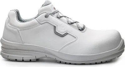 A white safety shoe with gray laces and sole, shown from the side against a white background.