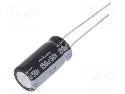 Immagine prodotto di 1 condensatore: elettrolitico, a montaggio su piastra, Ø10x20mm, 50VDC, 150uF, ±20%, modello UKL1H151MPD
