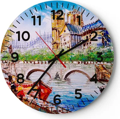 Produktbild von Wanduhr - Rund - Glasuhr - Boot Fluss Brücke Zeichnung - 30x30cm - Schleichendes Uhrwerk - Lautlos - zum Aufhängen bereit - Dekoration Modern - Wanddekoration aus Glas - C4AR30x30-2886