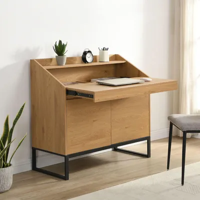Produktbild von WOHNLING Sekretär MDF 100cm Eiche Nachbildung Metall Beine Rechteckig Kompakt Schreibtisch Ausziehbar mit Stauraum Schreibtisch Bürotisch Schrank
