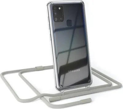Produktbild von EAZY CASE Handykette für Samsung Galaxy A21s, Clear Case aus Silikon, mit Umhängeband, abnehmbare Endstücke, Handyband in Beige