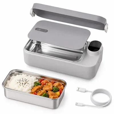 Produktbild von Elektrische Lunchbox, beheizbare Brotdose mit Akku, 900 ml Edelstahlbehälter, 6 Temperaturstufen, 7 Timerfunktionen, Grau