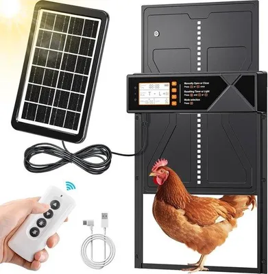 Zdjęcie produktu dla Automatyczna klapa do kurnika – duża, zasilana energią słoneczną, wyświetlacz LED, czujnik światła, pilot zdalnego sterowania, timer, funkcja zabezpieczająca przed przytrzaśnięciem