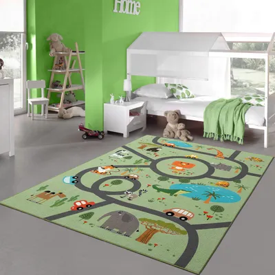 Produktbild von Kinderteppich rutschfest Safari mit Tieren Straßenteppich grün Größe - 200 x 290 cm