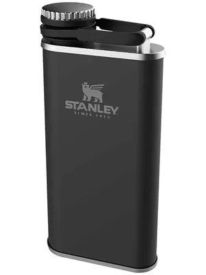 A black Stanley flask with a silver lid and base, shown against a white background.