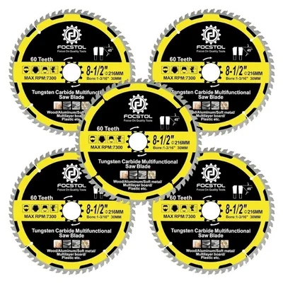 Immagine prodotto di Disco circolare per legno, 216 mm x 30 mm, 60 denti, confezione da 5 pezzi, adatto per plastica, alluminio e metalli non ferrosi