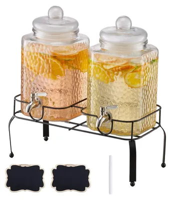 Productafbeelding van VEVOR drankdispenser (2 x 5,5 liter) voor feesten, saildispenser (van glas) met druppelvrij tuitje en metalen standaard. Waterdispenser voor restaurants, feesten, limonade, zelfgemaakte drankjes