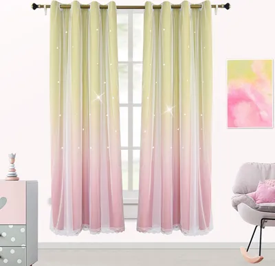 Produktbild von Topchances 2 Panel Gardinen Vorhänge, Verdunklungsvorhänge Kinderzimmer& Schlafzimmer, Stern Vorhänge Schlafzimmer Wohnzimmer Bunte Doppelschicht Stern Fenstervorhänge (Gelb+Rosa,52*95 Zoll)