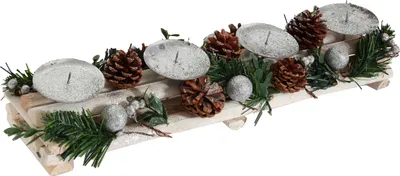 Produktbild von Adventsgesteck HWC-M12 mit Kerzenhaltern, Adventskranz Weihnachtsdeko Holz silber weiß 18x49x13cm  ohne Kerzen