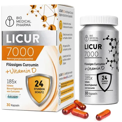 Produktbild von Kurkuma Kapseln Hochdosiert – 185x Bioverfügbarkeit – NovaSOL Mizellen – Nur 1 Kapsel Täglich – Flüssig mit Vitamin D3 – Licur 7000 (30 Kapseln)