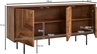 Zdjęcie produktu dla FineBuy Kredens z litego drewna sheesham 150 cm z 3 drzwiami – masywna komoda w stylu retro z rzeźbieniami – designerski kredens w stylu naturalnym – ręcznie wykonany w stylu industrialnym