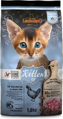 A bag of Leonardo Kitten GF cat food, featuring a kitten's face and product information.