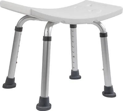 A white shower stool with silver legs and black anti-slip feet, shown from a slightly elevated front-side angle against a white background.