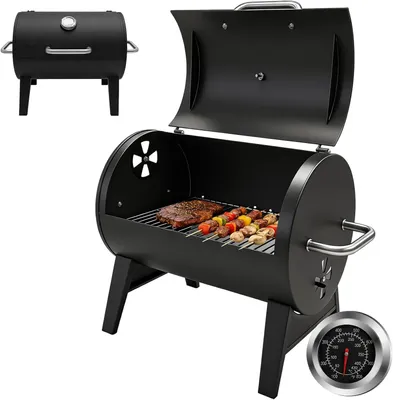 Imagen del producto de Barbacoa de carbón con termómetro integrado, de 43 x 32 cm, ideal para camping, jardín y barbacoas