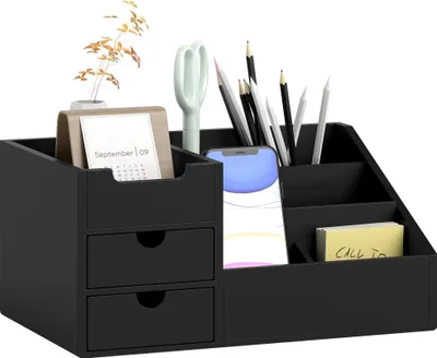 Image de Organiseur de bureau - bambou - 2 tiroirs - 6 compartiments - rangement - 33×20,5×15,5 cm - noir