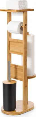 Produktbild von Yorbay Stand WC-Garnitur aus Bambus , mit Toilettenpapierhalter und WC-Bürstenhalter/Smartphone Ablage/Toilettenbürste/Klorollenhalter