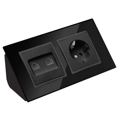 Produktbild von Glas Ecksteckdose Steckdose 2xRJ45 Steckdosenblock 45° Verteilerdose schwarz.