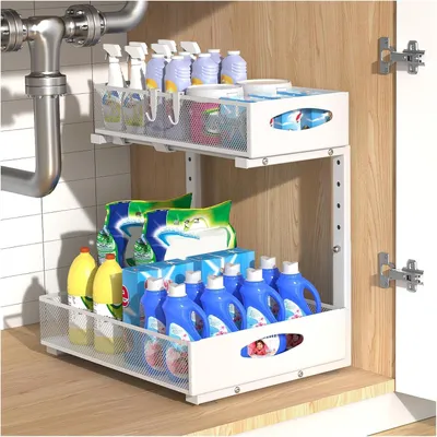 Immagine prodotto di Organizzatore estraibile per lavello, 2 ripiani, metallo, bianco, 31 cm di larghezza