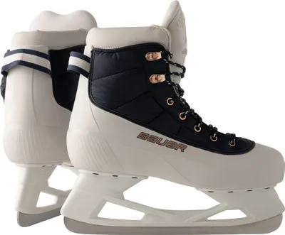 A pair of white and navy Bauer ice skates.