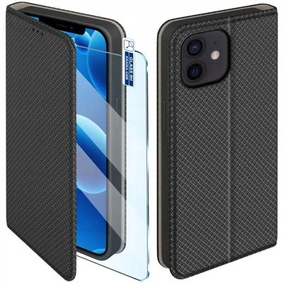 Produktbild von Klapphülle für das iPhone 12, verschließbar, schwarz + 9H-Glas