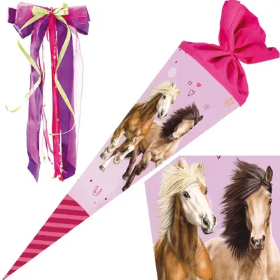 Produktbild von Nestler Schultüte Einhorn Unicorn 70 cm mit / ohne Schleife, Motiv / Ausführung:Pferdefreunde - mit Schleife